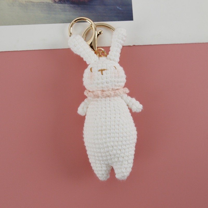Handmade Crochet Bunny Keychain – White with Pink Collar | Knit&Knots