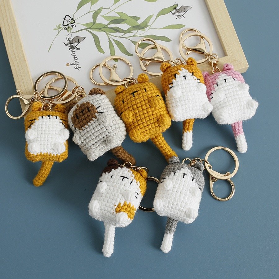 Handmade Crochet Lying Cat Keychain – Multiple Colors | Knit&Knots